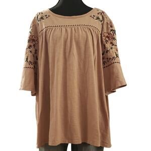 St John's Bay Women's Plus Top 1X Pink Embroidered Floral Puff Short Sleeve